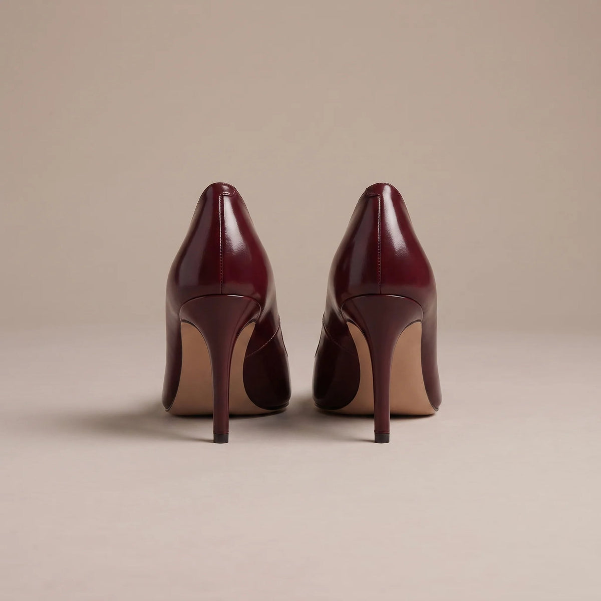 Burgundy pointed toe stiletto court shoes, back view