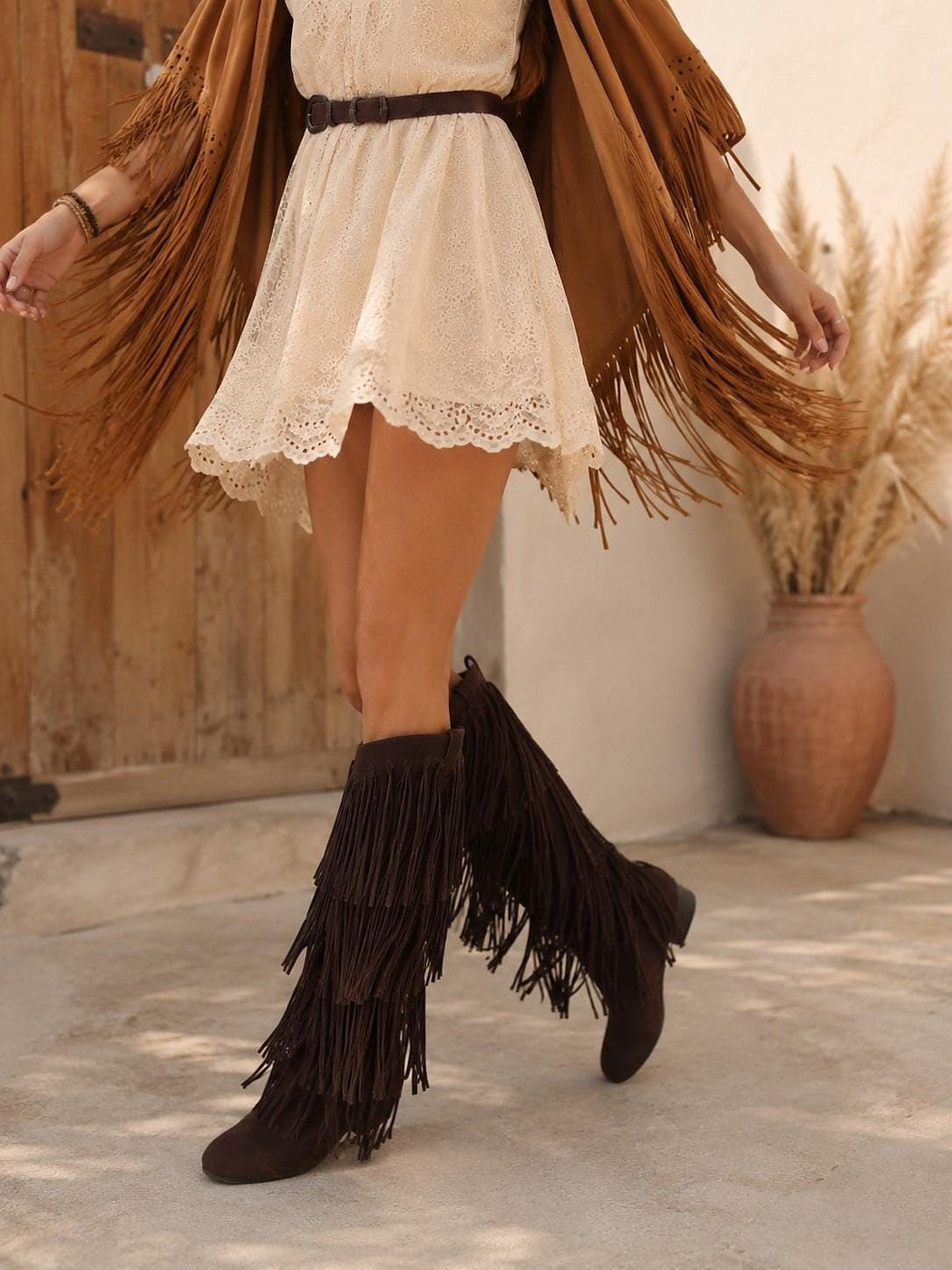 Coffee Tiered Fringe Knee High Boots