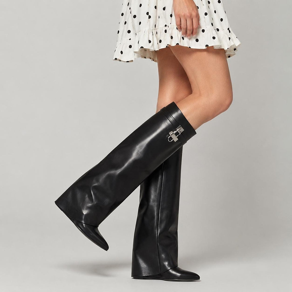 Black Fold Over Wedge Knee High Boots