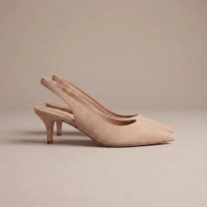 Nude kitten heel slingback shoes, side view