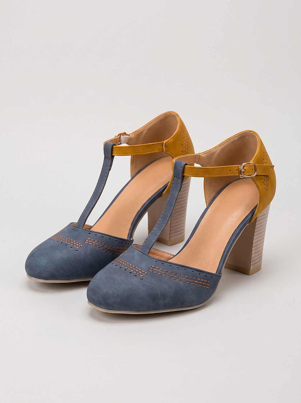 Blue T Bar Block Heel Shoes