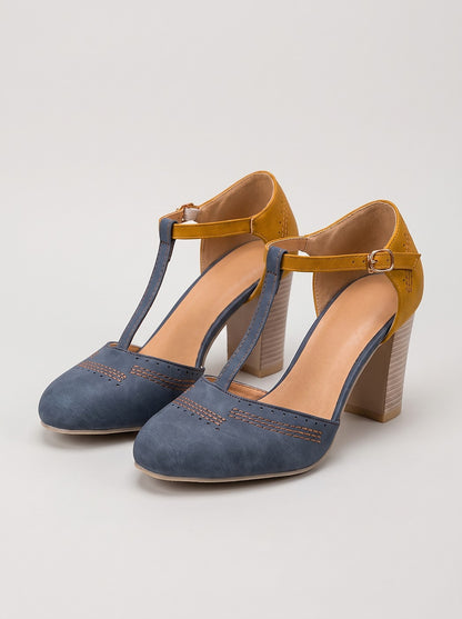 Blue T Bar Block Heel Shoes
