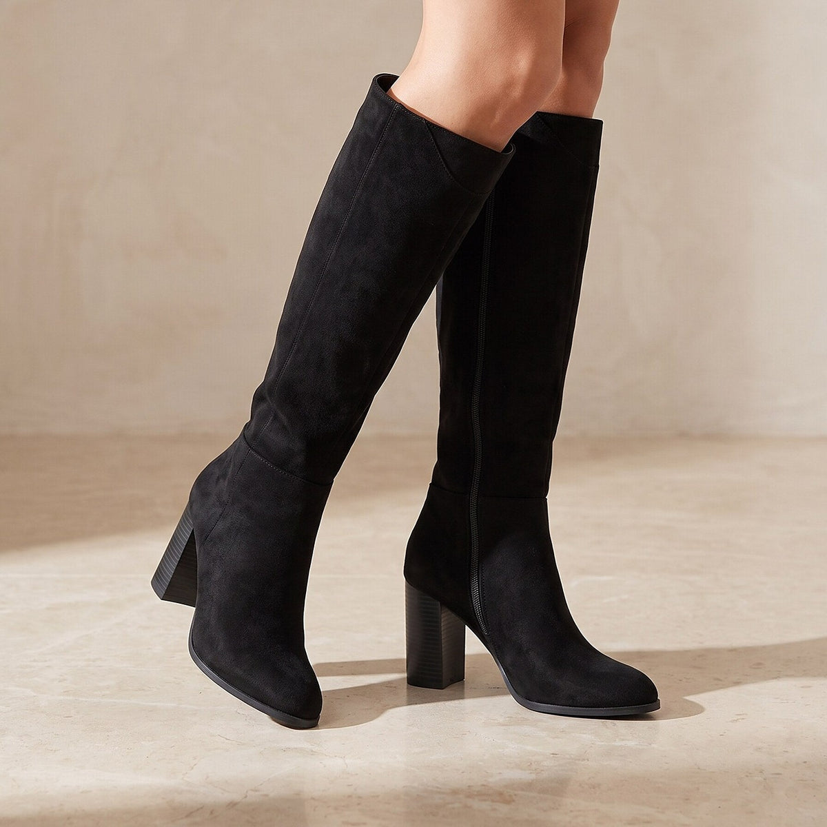 Faux Suede Heeled Knee High Boots
