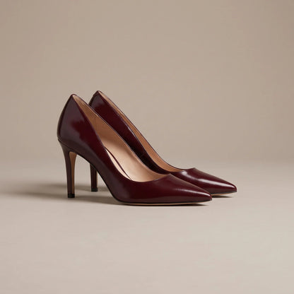 Burgundy pointed toe stiletto court shoes, front view