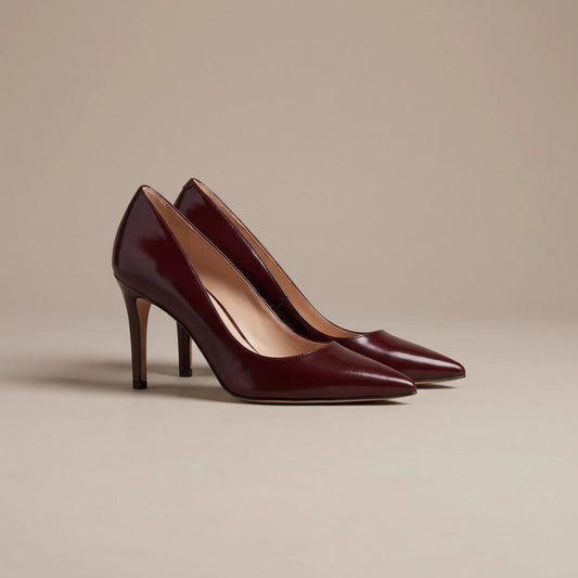 Burgundy pointed toe stiletto court shoes, front view
