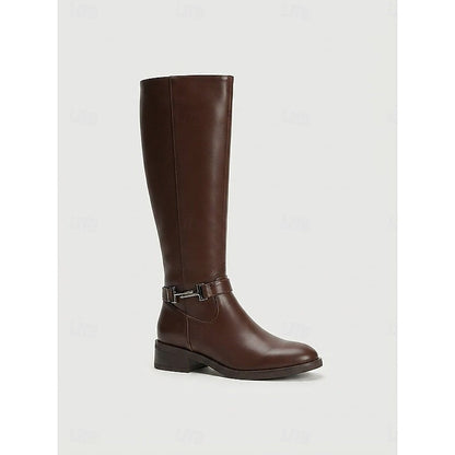 Buckle Trim Low Heel Knee High Boots