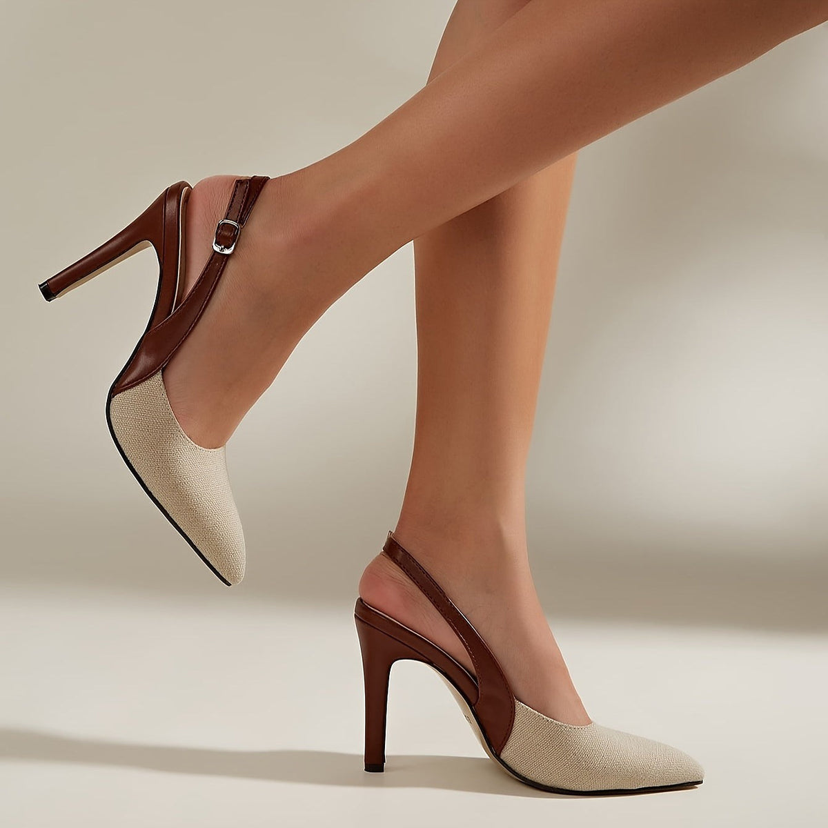 Cream Pointed Toe Slingback Heels