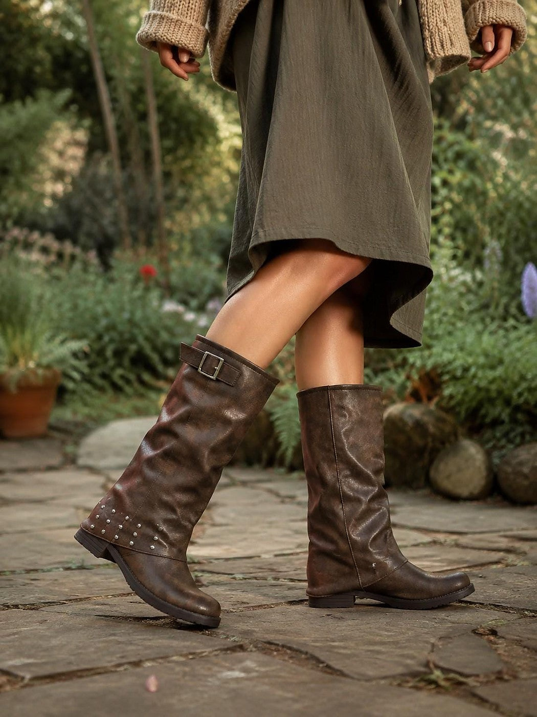 Brown Studded Buckle Slouch Calf Boots