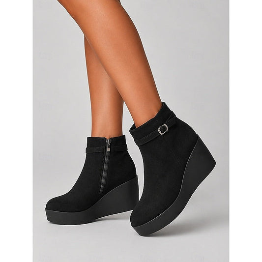Black Buckle Wedge Platform Ankle Boots