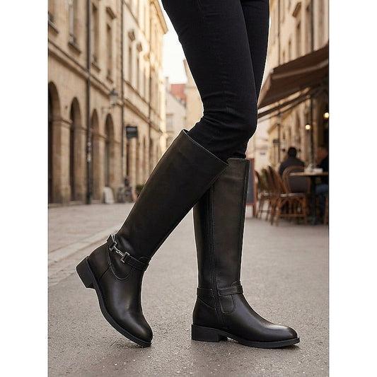 Buckle Trim Low Heel Knee High Boots