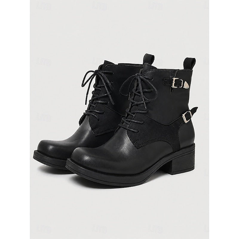 Black Lace Up Buckle Biker Boots