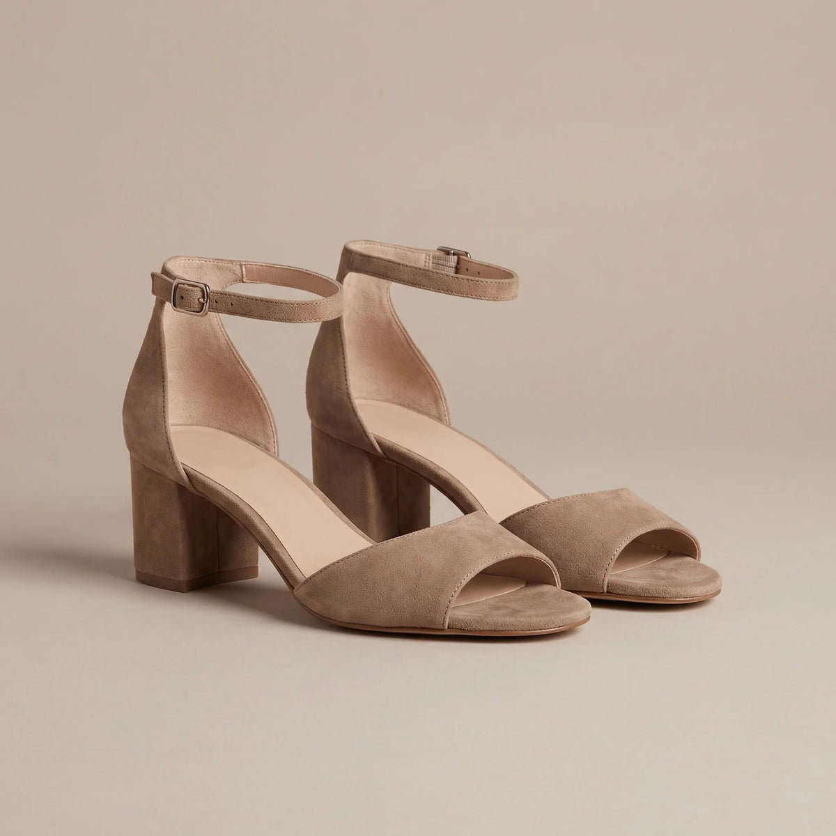 Taupe ankle strap block heel sandals, front view