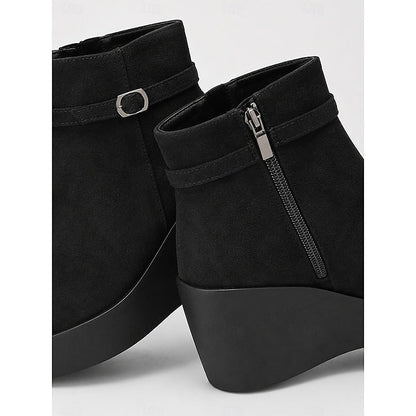 Black Buckle Wedge Platform Ankle Boots