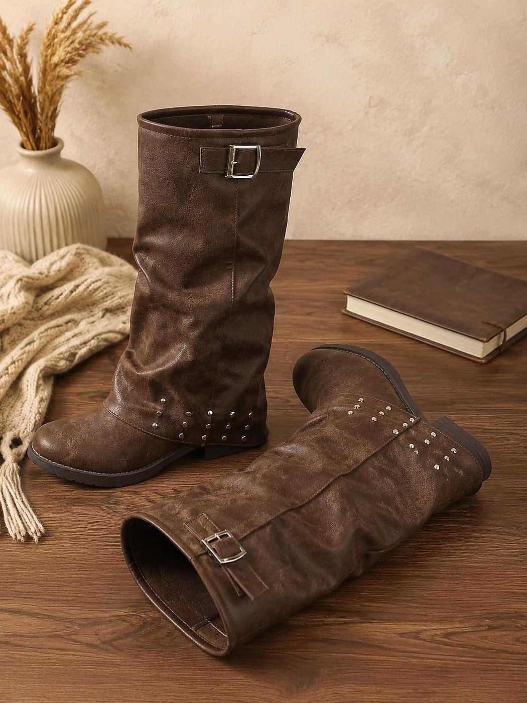 Brown Studded Buckle Slouch Calf Boots