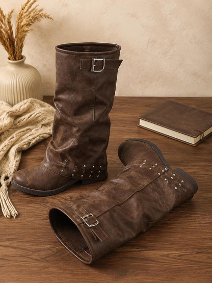 Brown Studded Buckle Slouch Calf Boots