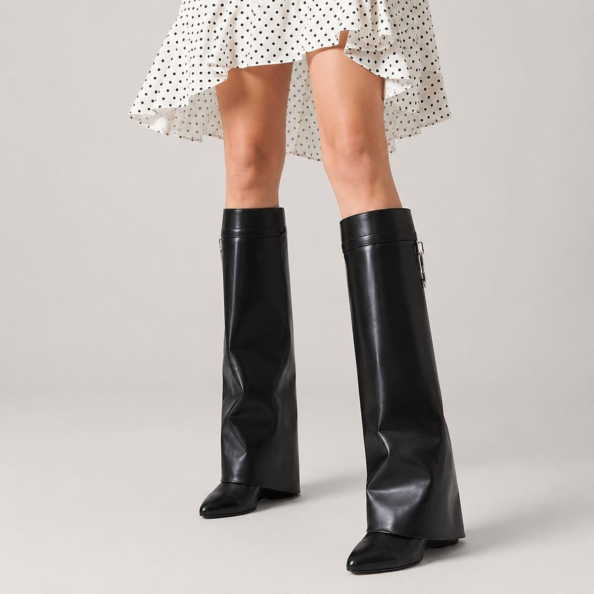 Black Fold Over Wedge Knee High Boots
