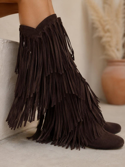 Coffee Tiered Fringe Knee High Boots