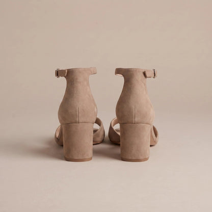 Taupe ankle strap block heel sandals, back view