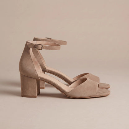 Taupe ankle strap block heel sandals, side view