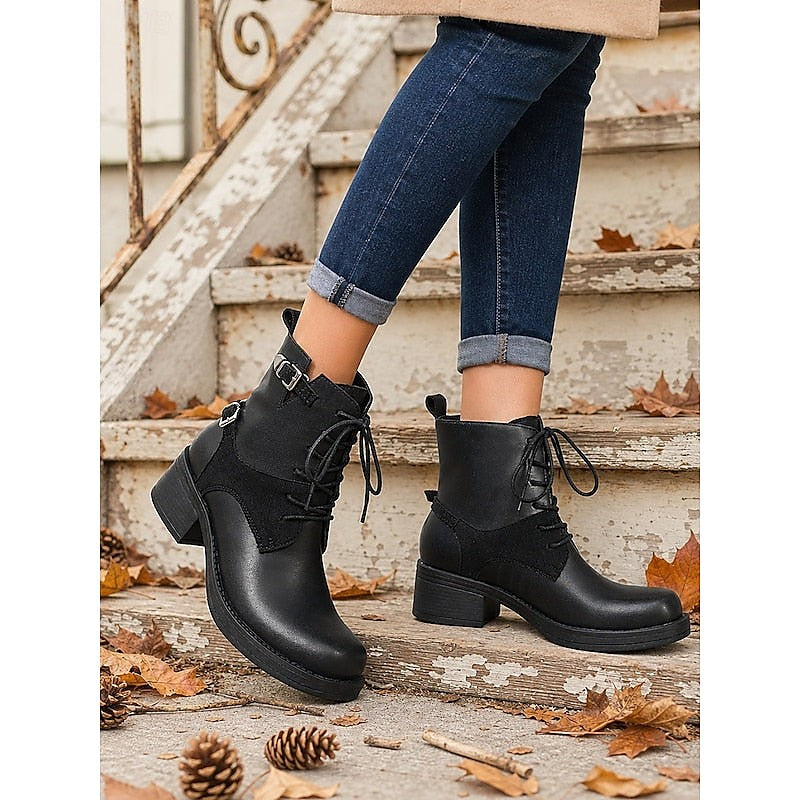 Black Lace Up Buckle Biker Boots