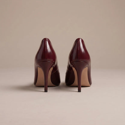 Burgundy pointed toe stiletto court shoes, back view