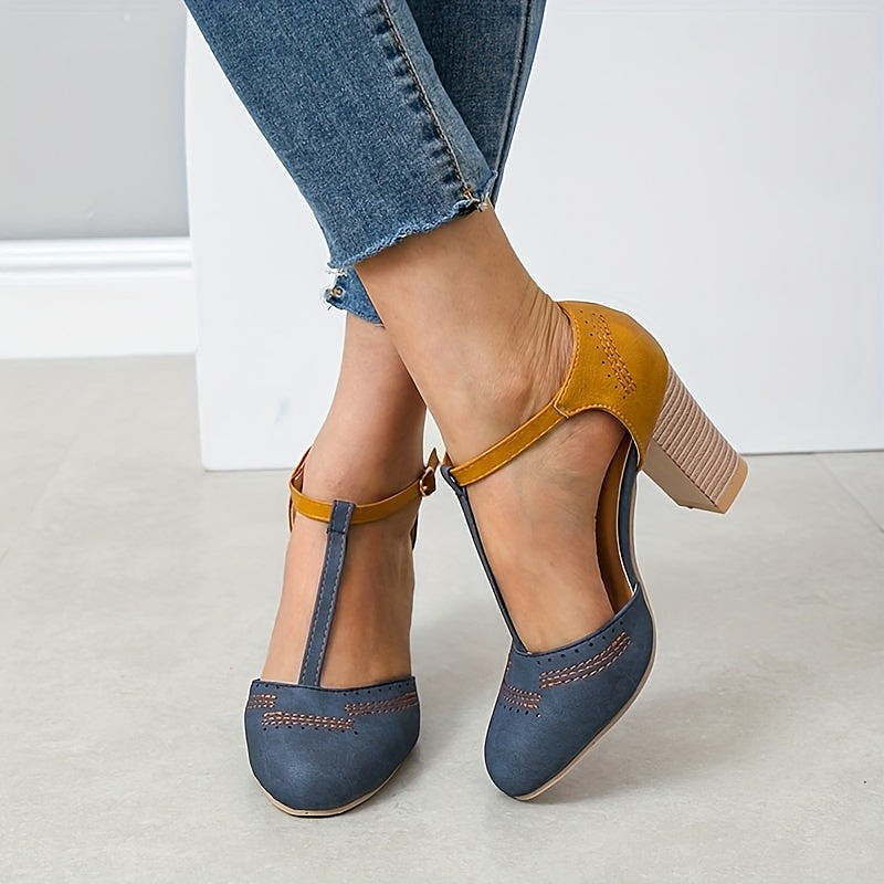 Blue T Bar Block Heel Shoes
