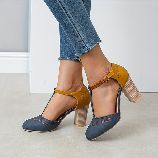 Blue T Bar Block Heel Shoes