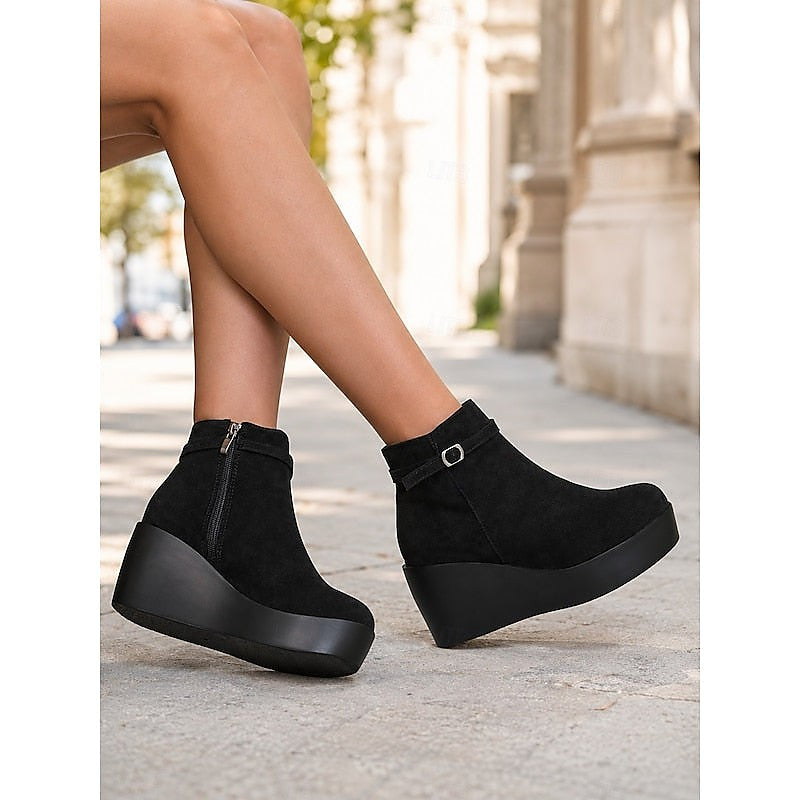 Black Buckle Wedge Platform Ankle Boots