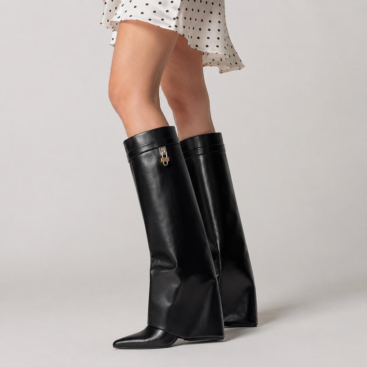 Black Fold Over Wedge Knee High Boots