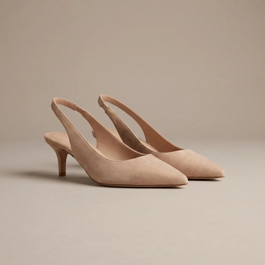 Nude kitten heel slingback shoes, front view