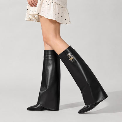 Black Fold Over Wedge Knee High Boots