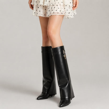 Black Fold Over Wedge Knee High Boots