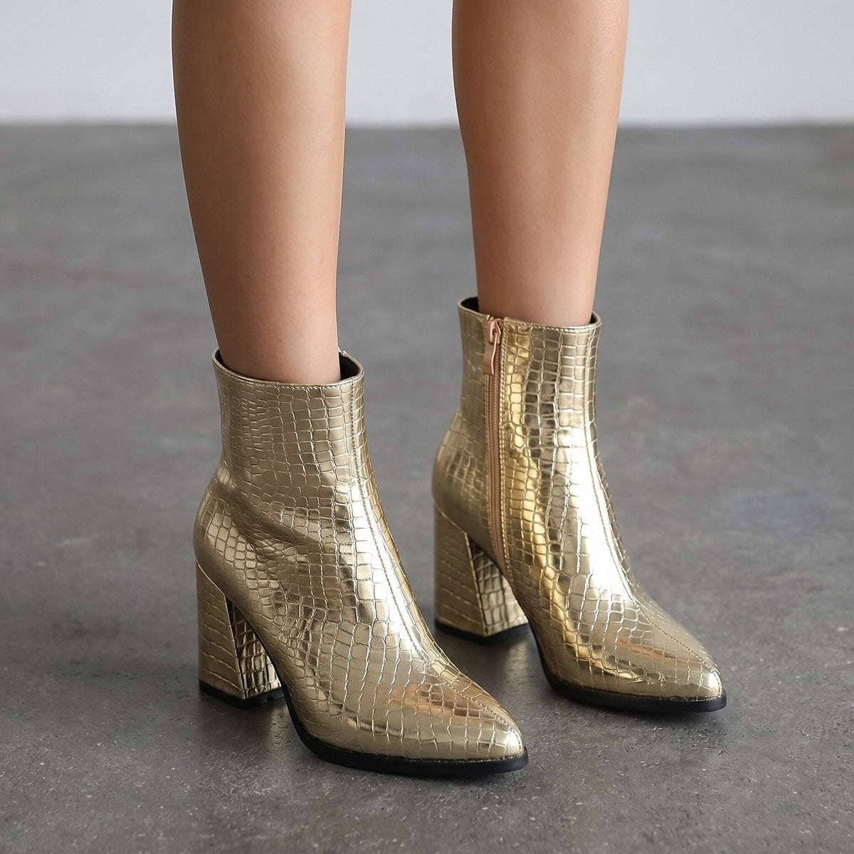 Croc Print Block Heel Ankle Boots