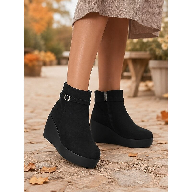 Black Buckle Wedge Platform Ankle Boots