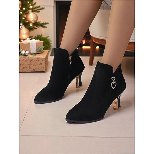 Diamante Heart Flared Heel Ankle Boots