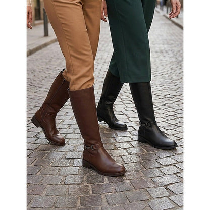 Buckle Trim Low Heel Knee High Boots