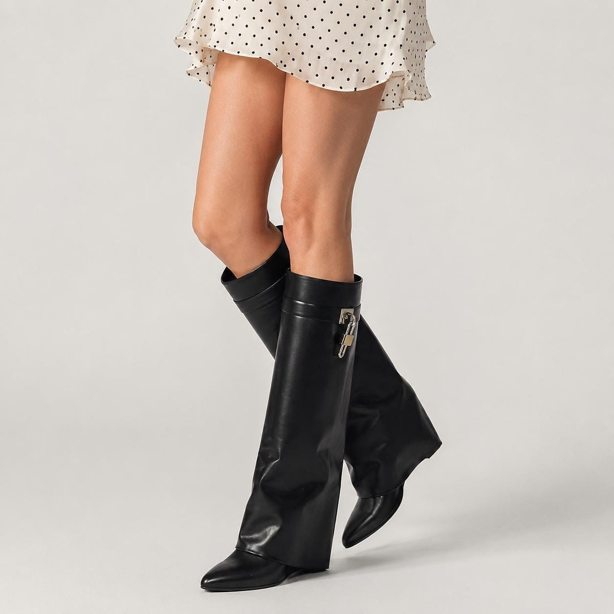 Black Fold Over Wedge Knee High Boots