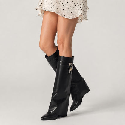 Black Fold Over Wedge Knee High Boots