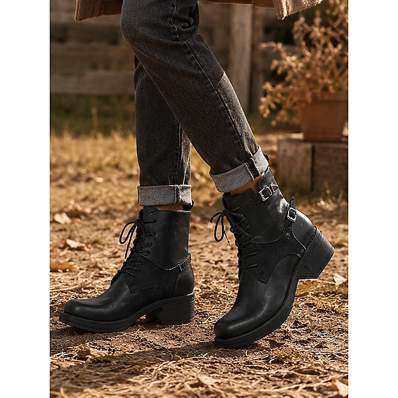 Black Lace Up Buckle Biker Boots