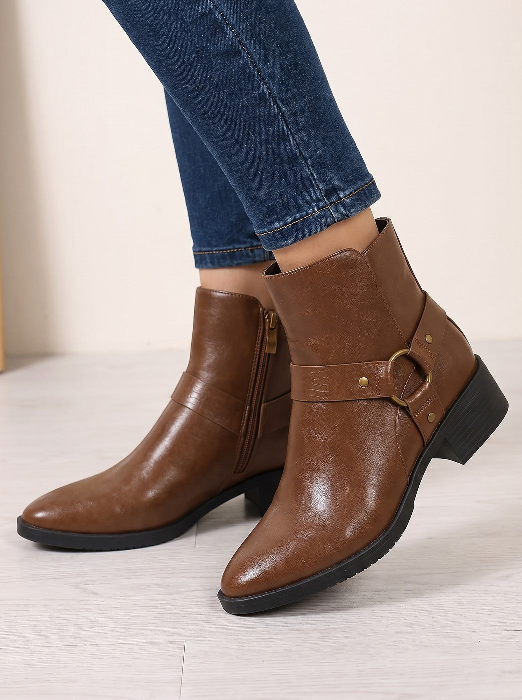 Brown Ring Detail Harness Ankle Boots