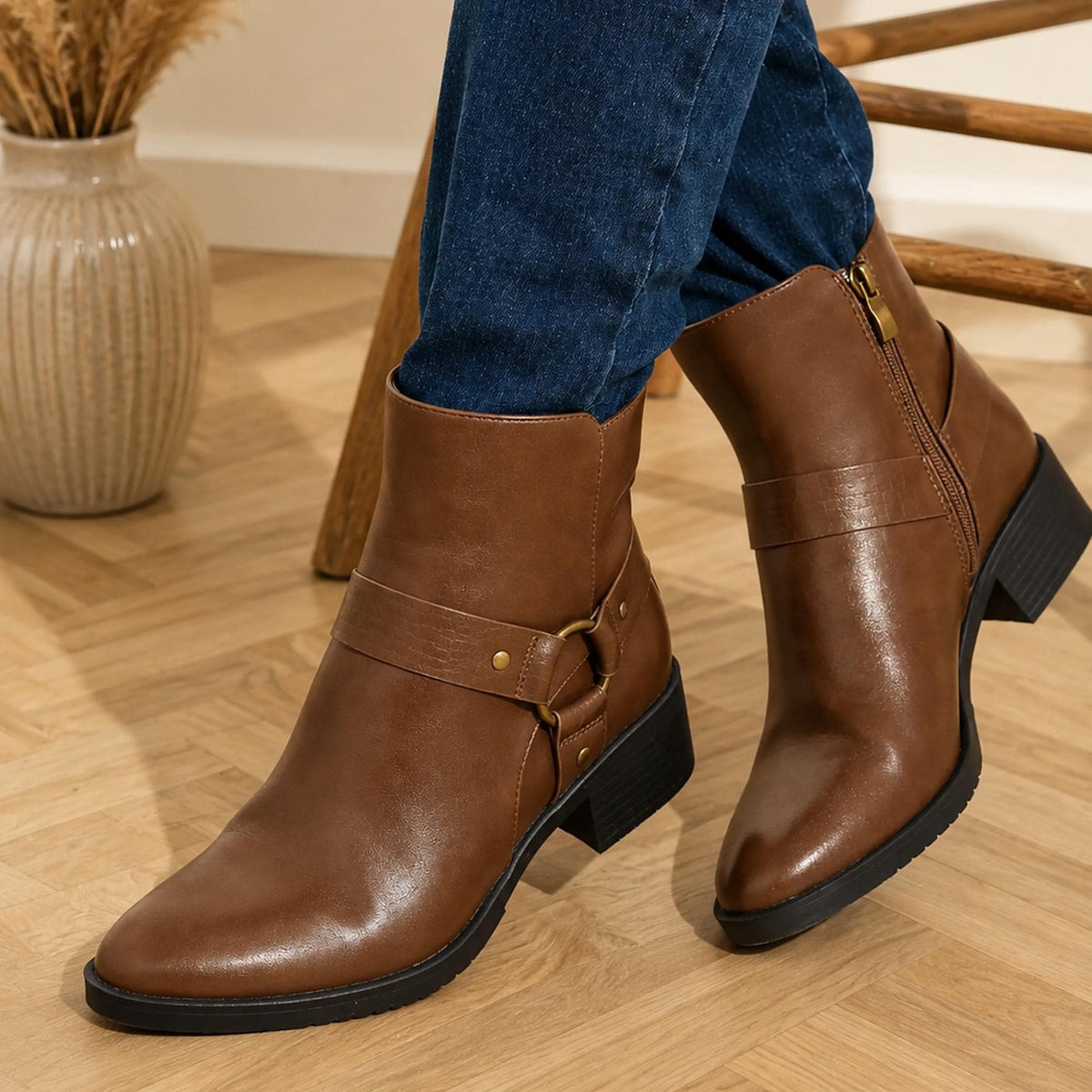 Brown Ring Detail Harness Ankle Boots