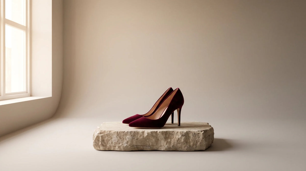 Burgundy stiletto court shoes on a stone plinth